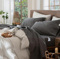 MooMee Bedding Sheet Set 100% Washed Cotton Linen Like Textured Breathable Durable Soft Comfy (Heathered Dark Grey, King)