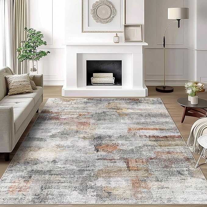 vivorug Washable Rug, Ultra Soft Area Rug 6x9, Non Slip Abstract Rug Carpet, Stain Resistant Rugs for Living Room Bedroom, Modern Fluffy Rug (Gray/Rust, 6'x9')