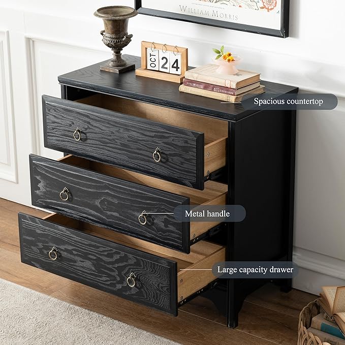 Chogori Solid Wood Dresser for Bedroom- Natural Wood Veneers & Water Based Paint Finished- Vintage Chests of Drawers, Small 3 Drawer Dresser (2, Black)