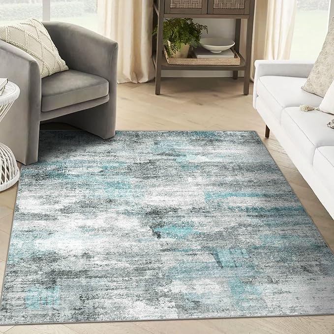 3x5 Rug, Small Area Rug for Living Room, Bedroom, Kitchen, Machine Washable Non-Slip Throw Rug, Modern Abstract Carpet for Entryway Nursery Coffee Table, Teal