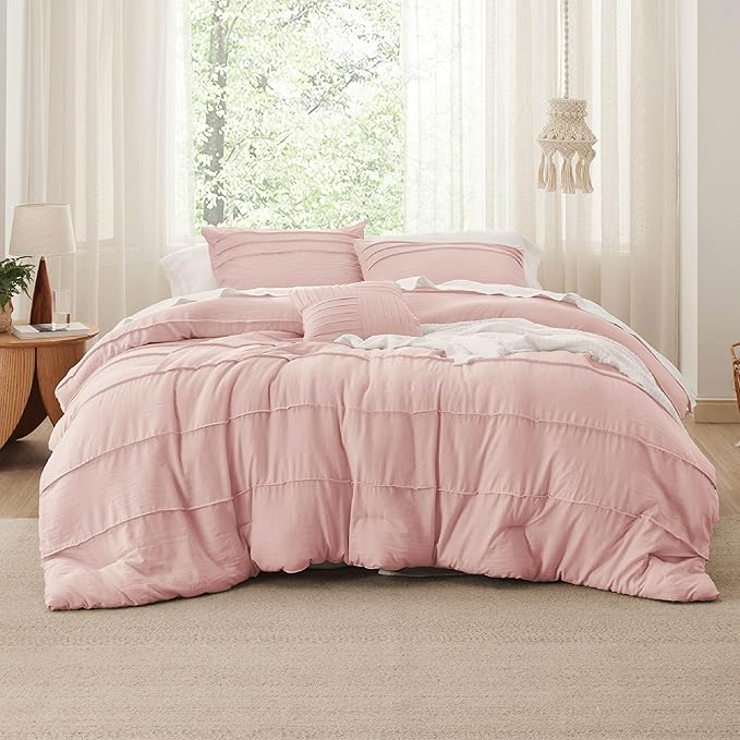 Bedsure Full Comforter Set - 4 Pieces Pinch Pleat Bed Set, Light Pink Boho Bedding for All Season, 1 Soft Comforter, 2 Pillowcases, 1 Decorative Pillow