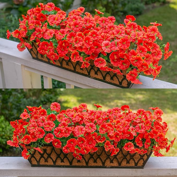 Artificial Flowers Fake Plants for Outdoors Decoration, 12 Bundles Orange Silk Morning Glory with Eucalyptus Realistic UV Resistant Faux Flowers Greenery for Outside Planter Yard Garden Home Indoor