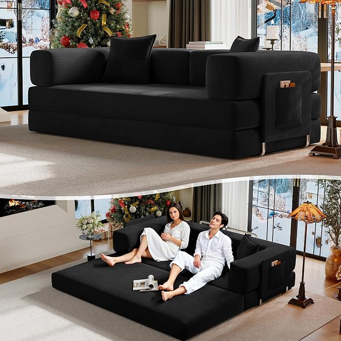 78.8" Convertible Sofa Bed,Corduroy Futon Couch with Storage Pocket,Folding Pull Out Futon Sofa, No Assembly Boneless Couch for Living Room,Black