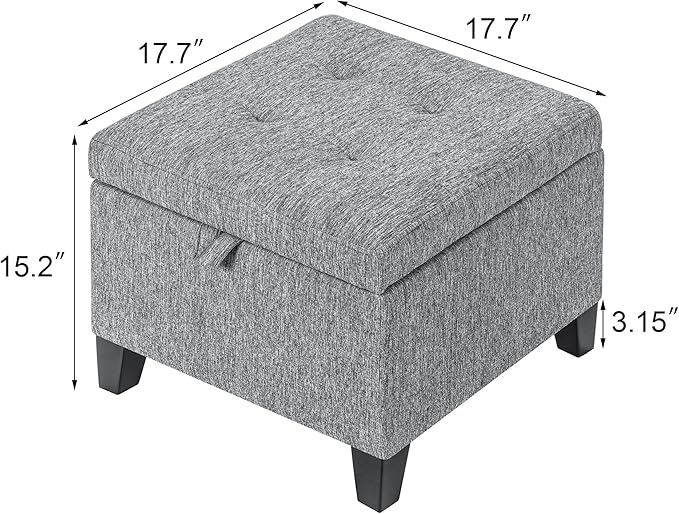 Adeco 17" Square Ottoman with Storage, Small Grey Storage Ottoman Foot Rest with Hinged Lid & Solid Wood Legs, Linen Fabric Foot Stool for Living Room & Bedroom