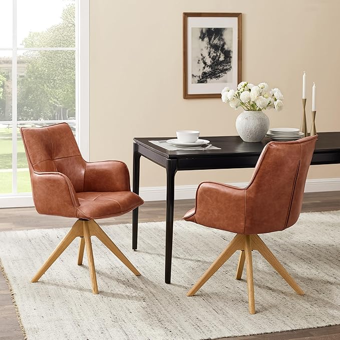 Art Leon Home Office Desk Chair - Genuine Leather Upholstered Accent Armchair, Mid Century Swivel Chair with Black Oak Wood Legs for Small Space Living Room Bedroom, Red Brown