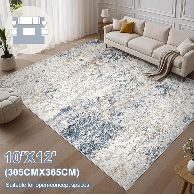 Area Rug Living Room Rugs - 10x12 Large Soft Indoor Neutral Modern Abstract Low Pile Washable Rug Carpet for Bedroom Dining Room Farmhouse Home Office - Beige Blue