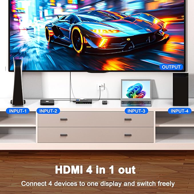 HDMI Switch 4 in 1 Out 4K@60Hz, 4 Ports HDMI Switcher Selector with Remote, Support HDCP 2.2 HD R10+ Dolby Vision/Atmos 18Gbps CEC for Apple TV Game PC PS4 5 Pro Xbox Roku