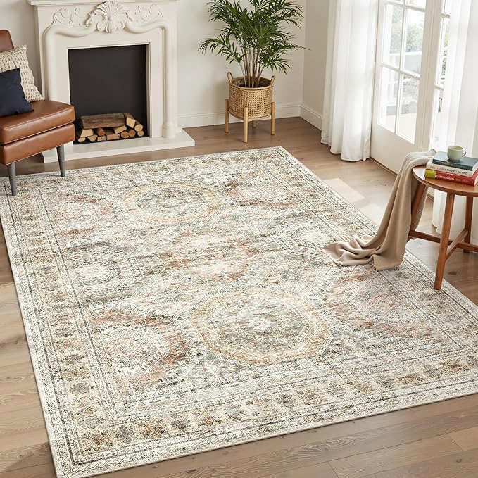 5x7 Area Rugs Brown Pink Low Pile Indoor Washable Trendy Faded Style Rugs for Bedroom Living Room Dining Room Foldable Non-Slip Thin Print Mat