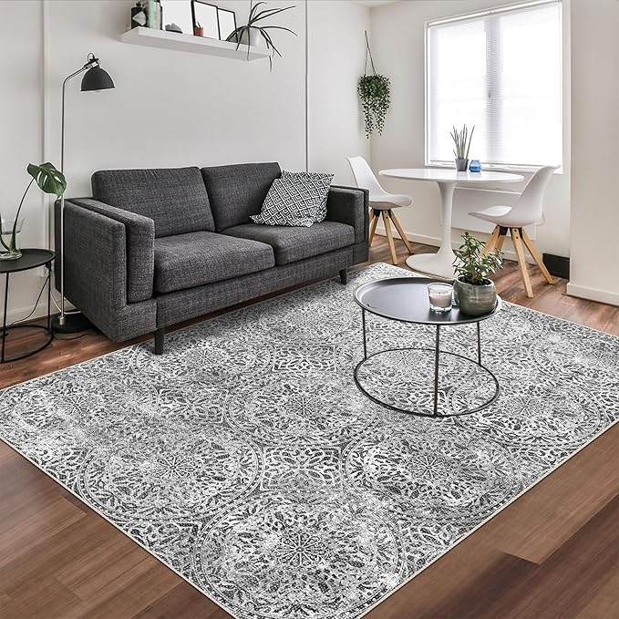 vivorug 4x6 Rug, Small Area Rug for Living Room, Bedroom, Kitchen, Machine Washable Non-Slip Throw Rug, Vintage Medallion Carpet for Entryway Nursery Coffee Table - Durable (Grey)