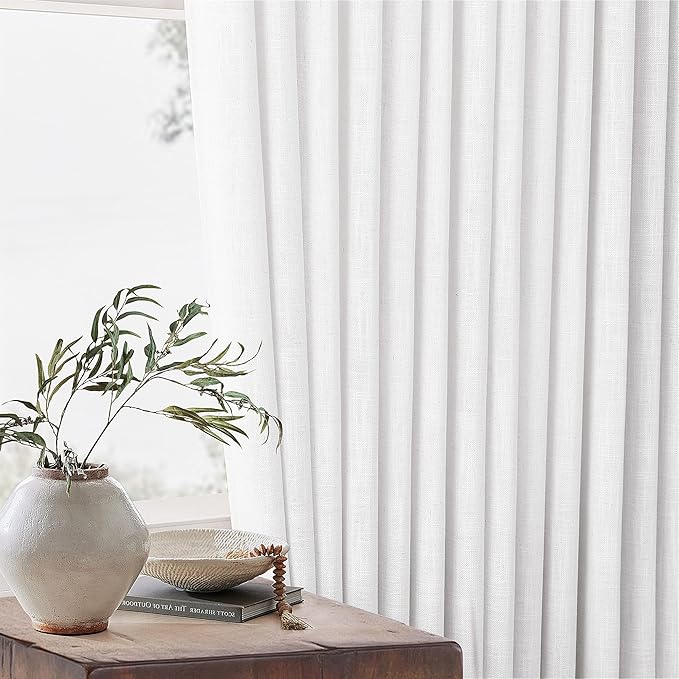 White Linen Pinch Pleated Curtains 102 Inches Long 2 Panels for Living Room Bedroom Snow White Thick Linen Pleated Hooks Rings Back Tab Luxury Light Filtering 102 Inch Curtain Drapes for Sliding Door
