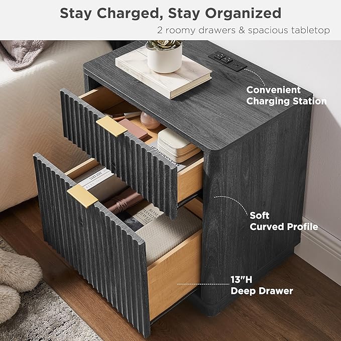T4TREAM 23'' Fluted Nightstand with Charging Station, Large 2 Drawer Side Table, Modern End Table with Storage, Mid Century Bedside Table for Bedroom, Living Room, Curved Profile, Dark Alder