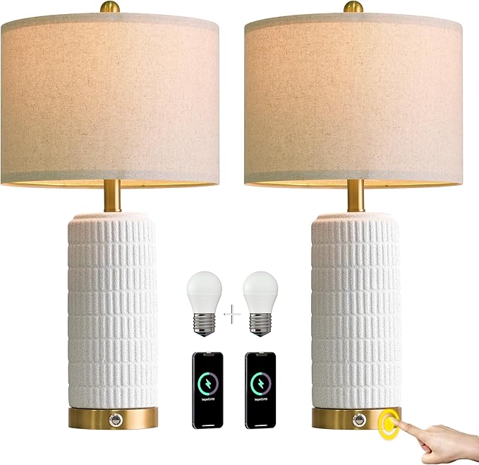 PoKat Stone-Like Ceramic Table Lamps with USB Ports for Bedroom, 25'' Matte-White Dimmable Nightstand Touch Lamps for Night Stands with Gold Base, Farmhouse Lamps for Living Room End Side Table