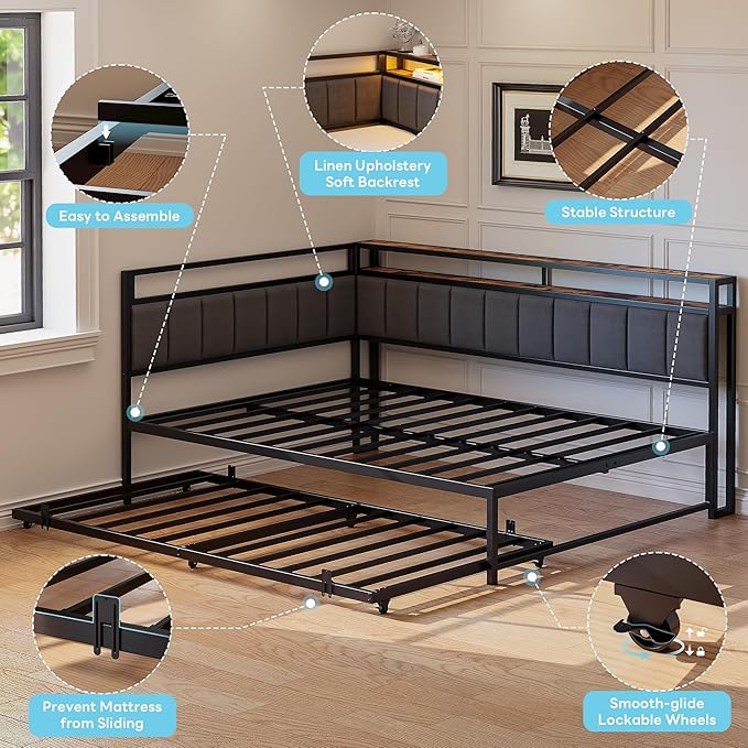 LIKIMIO Corner Twin Bed Frame with Trundle, Upholstered Storage Headboard & LED Lights, Twin Size Daybed with Charging Station, Sturdy Platform Metal Frame for Living Room, Bedroom, Guest Room, Gray