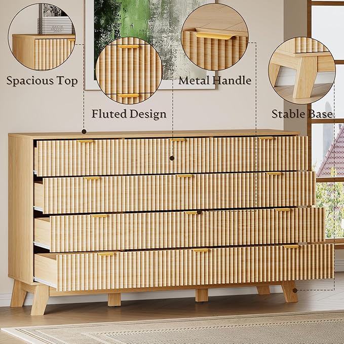 57" Wide Dresser for Bedroom, 12-Drawer Fluted Dresser with Metal Handles, Wood Chest of Drawers with Smooth Slides and Stable Base, Modern Storage Cabinet for Living Room, Nursery