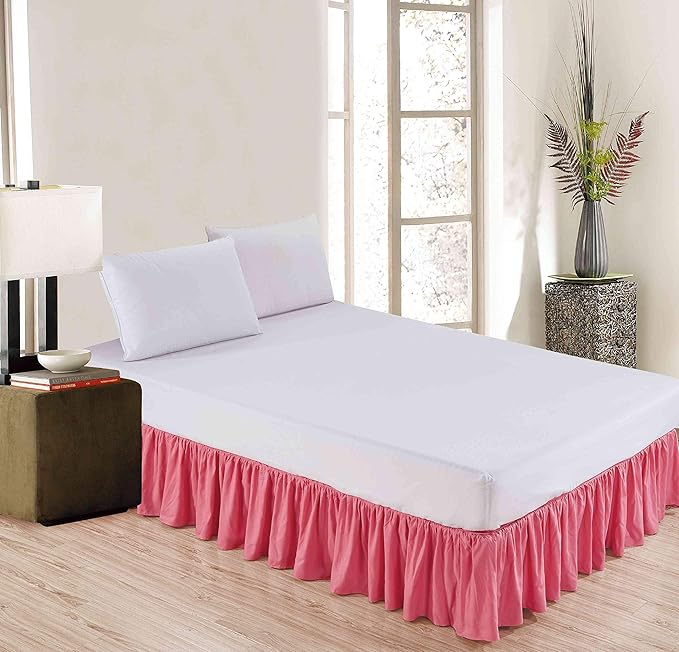 Sheets & Beyond Wrap Around Solid Microfiber Luxury Hotel Quality Fabric Bedroom Gathered Ruffled Bedding Bed Skirt 14 Inch Drop (King, Pink)