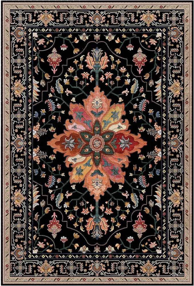 Area Rugs Square 10ft Washable Non-Slip, Floral Vintage Distress Print Pattern Medallion Carpet for Living Room Bedroom Dining Room, Black Colorful Floral Dark Tan