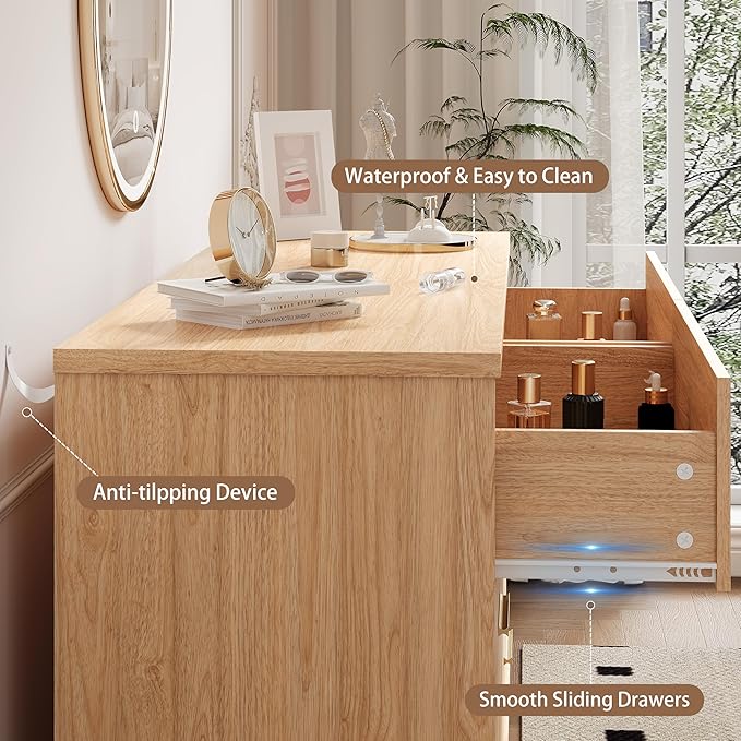 Dresser for Bedroom, 6 Drawer Wide Modern Chest of Drawers with X-Shaped Sturdy Base, Wood Double Dresser Closet Clothes Storage Organizer, Wooden TV Stand for Living Room, Hallway, Oak