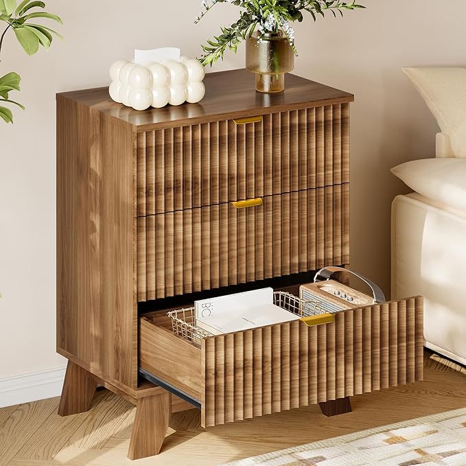 30.5" Nightstand with Charging Station, 3-Drawer Fluted Bedroom Chest, Wood Bedside Dresser with Power Outlets and USB Ports, Stable Base, Modern Storage Cabinet for Small Spaces