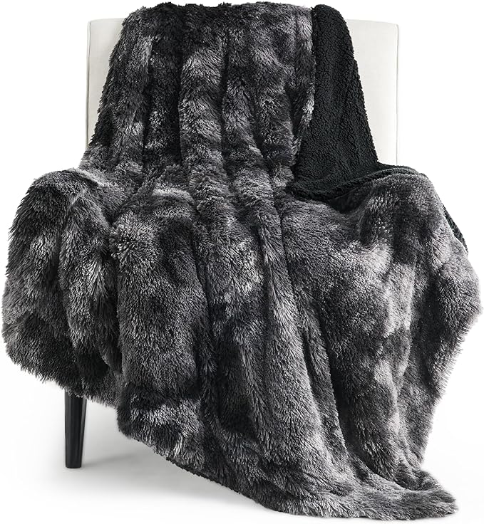 Bedsure GentleSoft Fuzzy Sherpa Faux Fur Twin Blanket Tie Dye Black Cozy Gifts for Boys Girls, Soft Fleece Plush Warm Thick Blanket Twin Size for Bed, Black Room Decor Dorm Essentials Gifts, 60x80