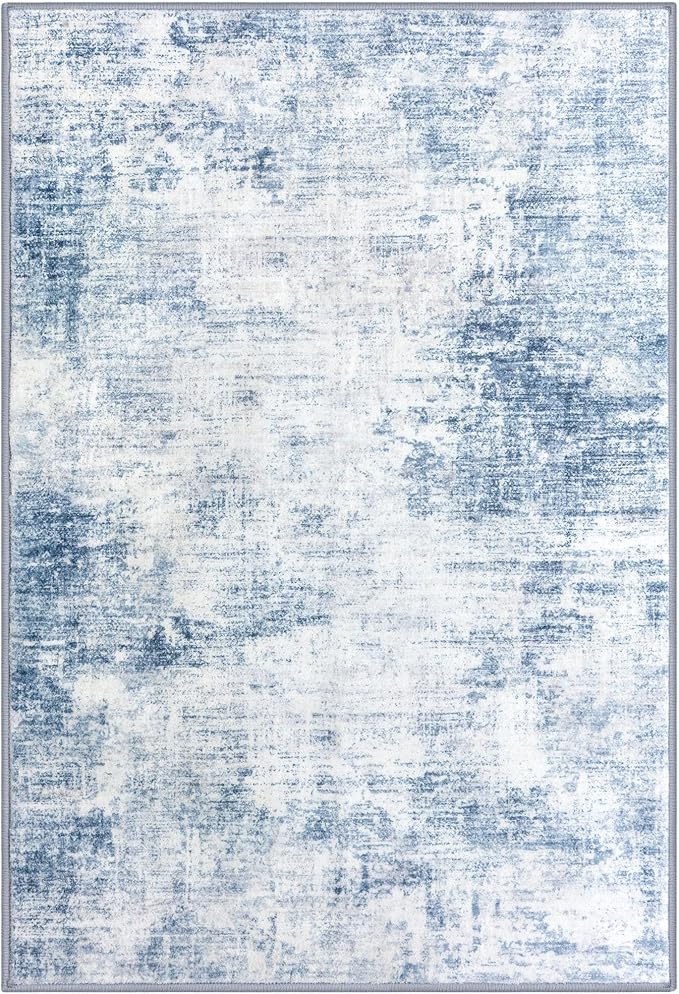 IOHOUZE Abstract Area Rugs 8x10 Ft Washable Large Rugs for Living Room, Non Slip Dining Room Rug, Printed Faux Wool Rugs for Bedroom, Floor Carpet for Office Nursery Playroom, Light Blue White