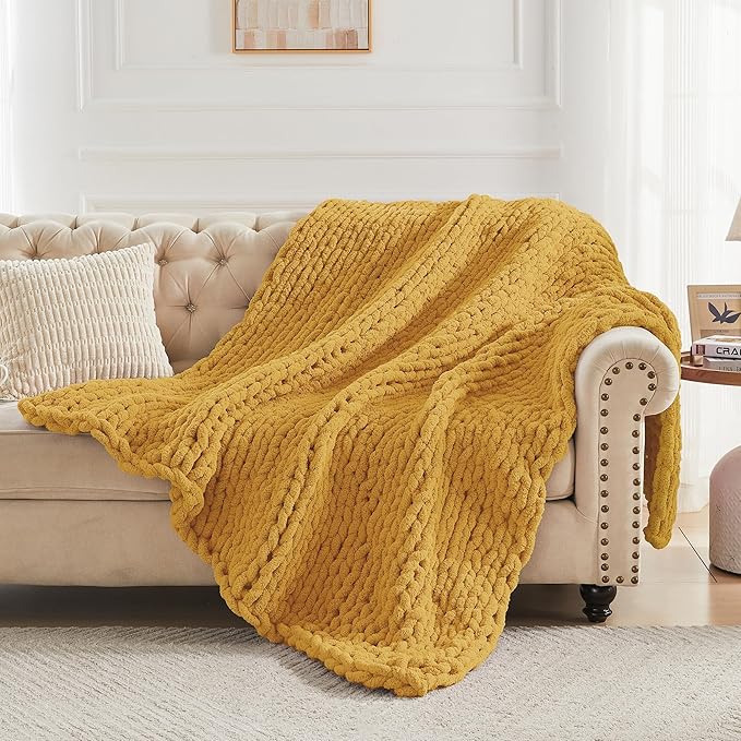 Carriediosa Chunky Knit Throw Blanket 50" X 60", 100% Hand Made Large Chenille Loop Yarn Soft Fluffy Throws for Couch Sofa Bed, Big Crochet Cozy Heavy Thick Cable Woven Blanket, Yellow