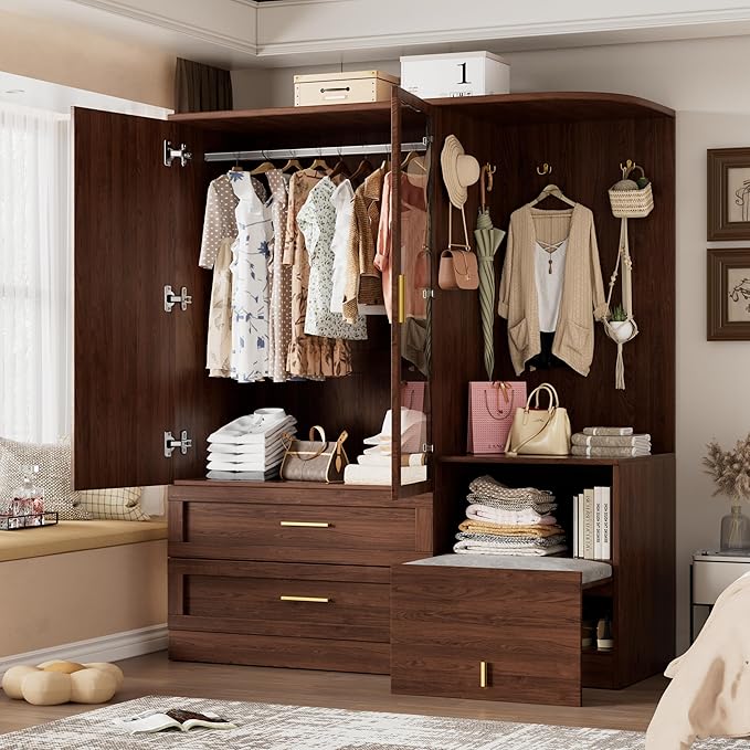 PAKASEPT 2 Doors Armoire Wardrobe Closet with Mirror,71'' Tall Freestanding Wooden Wardrobe Closet Farmhouse Storage Cabinet for Bedroom with Hanging Rod,Clothes Hook,Drawers,Hidden Bench,Retro Brown