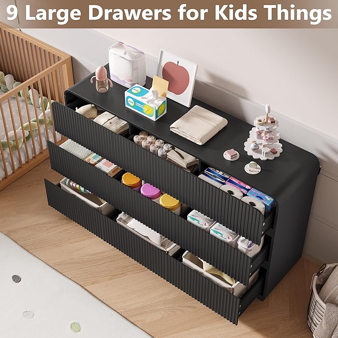 Dresser for Bedroom with 9 Drawers, Fluted Chest of Drawers with Round Curved Corner, Hidden Handles, Modern Wood Storage Organizer for Bedroom, Nursery, Living Room