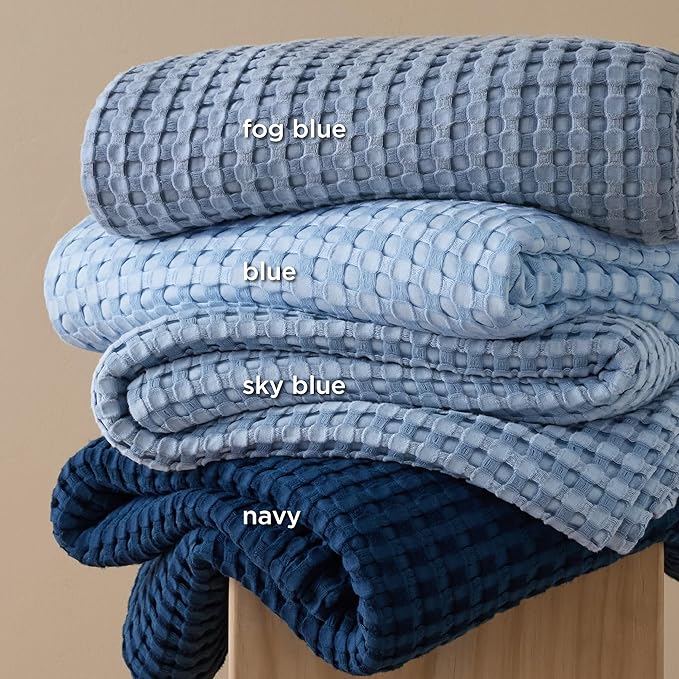 Bedsure Cooling Cotton Waffle Queen Size Blanket - Lightweight Breathable Blanket of Rayon Derived from Bamboo for Hot Sleepers, Luxury Throws for Bed, Couch and Sofa, Blue, 90x90 Inches