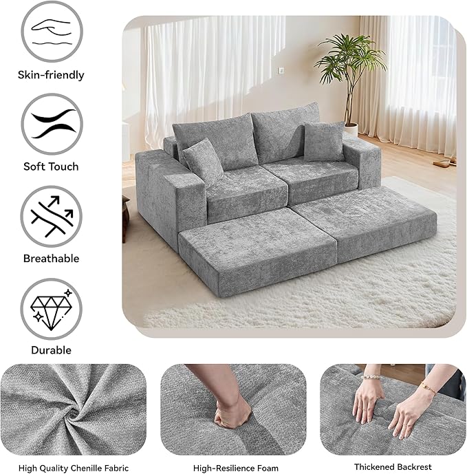Boneless Sectional Loveseat Couch with Ottoman, Convertible Modular Floor Sleeper Sofa Bed, Comfy Foldable Compression Love Seat Sofa for Living Room, No Assembly, Light Grey