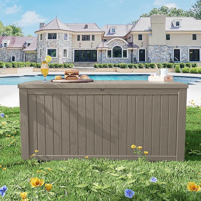 Outdoor Storage Box Waterproof, 200 Gallon Lockable Resin Large Deck Box, Patio Storage Bin for Pool Accessories Cushion Furniture, Garden Tools, UV-Resistant Outside Delivery, Grey