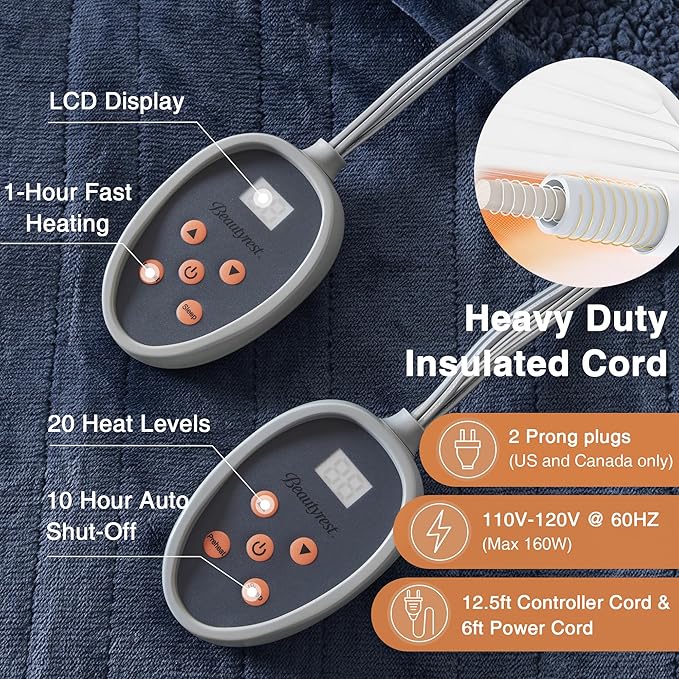 Beautyrest Heated Blanket, Electric Blanket, Soft, Warm, Reversible Plush - Sherpa Heating Blanket with 20 Heat Settings, 1-10 hrs Timer Auto Shut Off, Machine Washable, Queen (90 inx84 in), Indigo