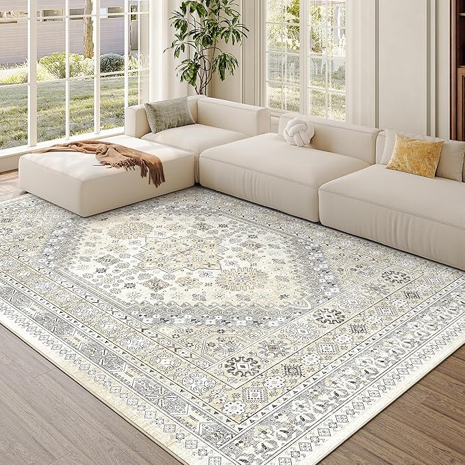 zesthome 7x9 Area Rug, Super Soft Washable Rugs for Living Room, Non-Slip Stain Resistant Vintage Rugs, Ultra-Thin Large Area Rugs (Beige,7'x9')
