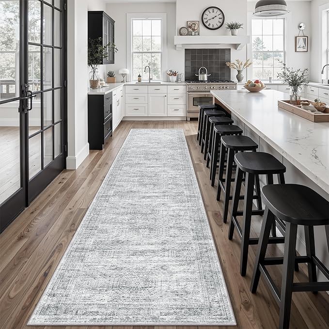 Runner Rug 2'6" x 12' Washable Non-Slip Runner Rugs for Kitchen Bathroom Laundry Room Vintage Ultra Thin Runners for Hallway Entryway Grey