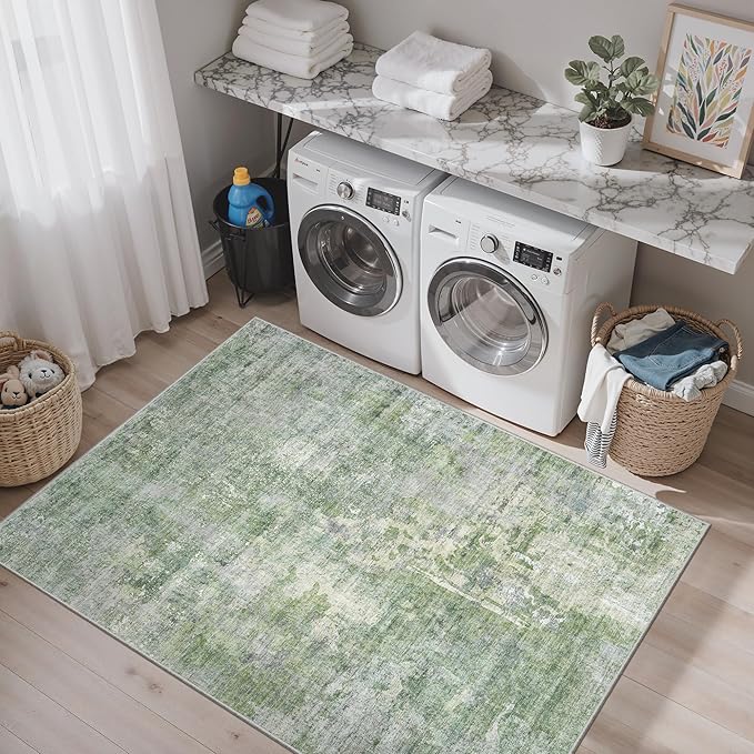 Area Rugs 4x6 for Living Room, Vintage Washable Rugs for Dining Room, Kitchen, Non-Slip Area Rug Green Ivory
