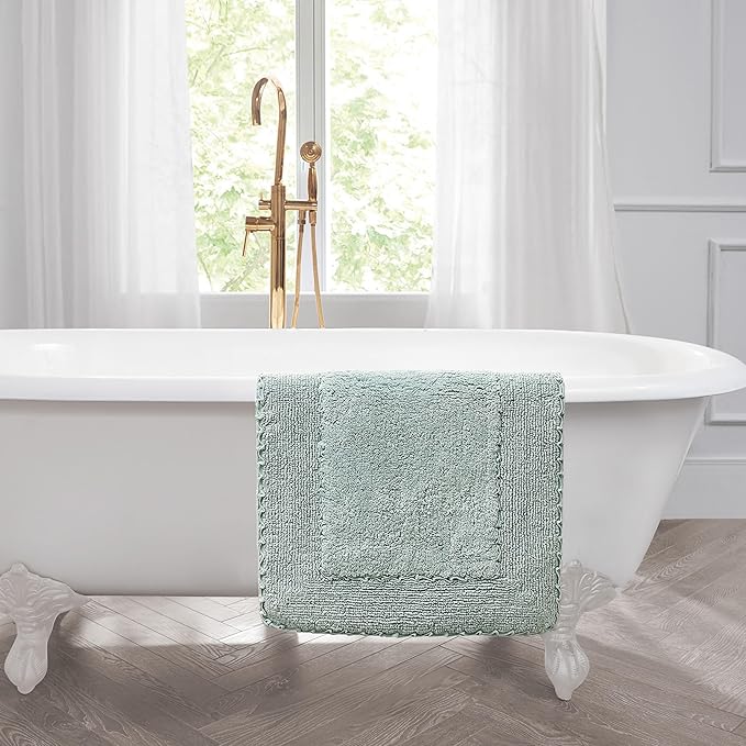 Laura Ashley Ruffle Border 100% Cotton Bath Rug Set, Aqua, 17" x 24"/ 20" x 32"