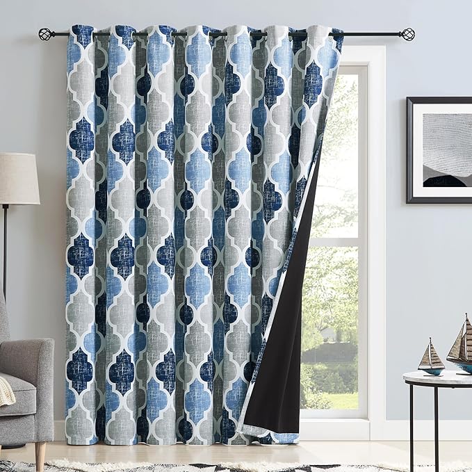 Beauoop 100% Blackout Curtains 96 Inches Long for Patio Sliding Door Blue Grey Extra Wide Moroccan Geo Room Darkening Thermal Soundproof Room Divider Grommet Window Treatment Drapes,100x96 Set of 1