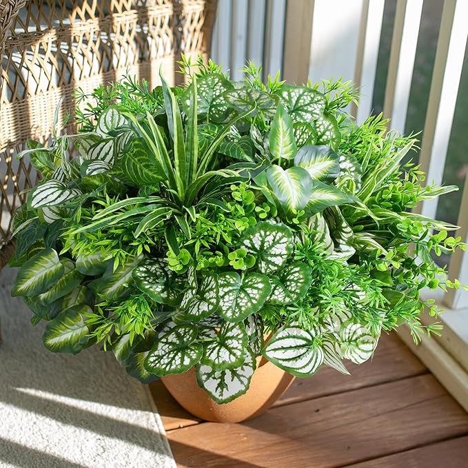 Artificial 20pcs Bunches Greenery Plants Fake Plastic Leaves with Stems UV Resistant Outside Faux Plants Bushes for Outdoor Patio Garden Front Porch Yard Decor