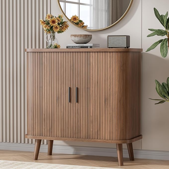 Buffet Cabinet with Storage, Curved-Edge Fluted Storage Cabinet Sideboard, Modern Walnut Sideboard Buffet with Adjustable Shelves & Sliding Door for Dining Room, Kitchen, Entryway