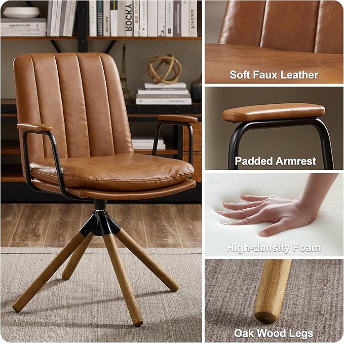 Art Leon Mid Century Modern Chair, Oak Legs Swivel Accent Chair No Wheels, Faux Leather Armchair for Small Spaces Home Office Living Room Bedroom, Yellow Brown