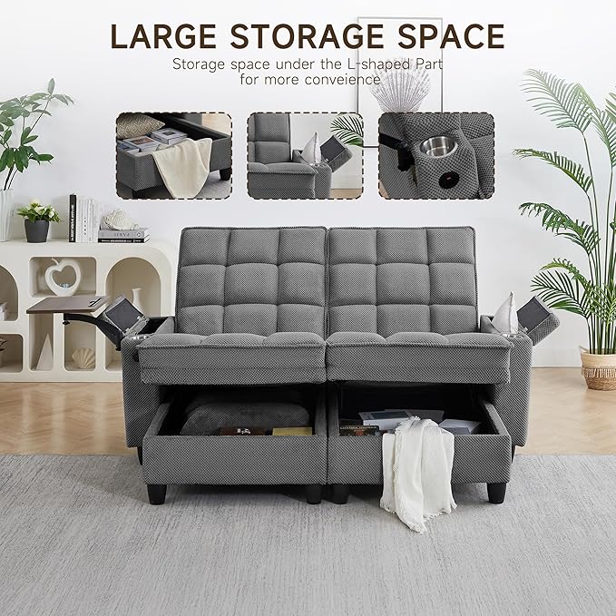 70.9" Chaise Lounge Chair Indoor, Oversized Boucle Upholstered Sofa Bed, Adjustable Backrest Deep Seat Reading Chair, Sofas Couches for Living Room with Storage, Cup Holders & 360° Swivel Side Table