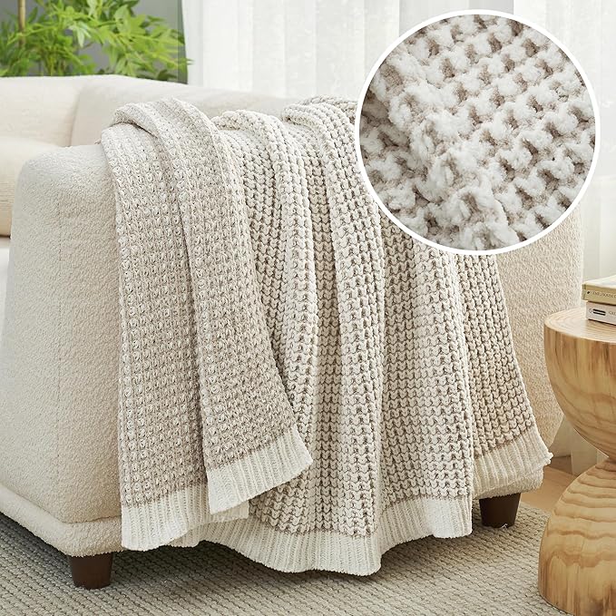 Amélie Home Waffle Chenille Throw Blanket for Couch, Pineapple Stitch Knit Soft Cozy Knit Blanket Decorative Throw for Sofa, Chair, 50"x60", Beige&Ivory