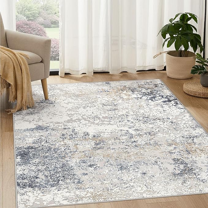Square Area Rug Living Room Rugs - 6x6 Washable Large Soft Indoor Neutral Modern Abstract Low Pile Rug Carpet for Bedroom Dining Room Farmhouse Home Office - Beige Blue