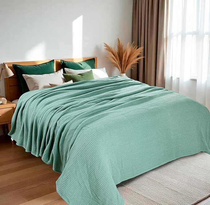 HILLFAIR 100% Soft Premium Combed Cotton Thermal King Blankets – Soft Cozy Warm Cotton Blanket– Bed Throw Blanket– King Bed Blankets– All Season Blanket– Sage