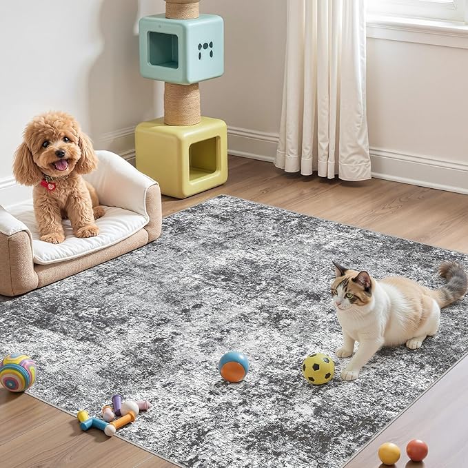 Square Area Rug Living Room Rugs - 5x5 Washable Large Soft Indoor Neutral Modern Abstract Low Pile Rug Carpet for Bedroom Dining Room Farmhouse Home Office - Grey