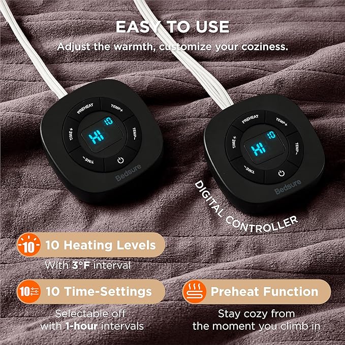 Bedsure Electric Blanket Queen Size - Dual Control Heated Blanket Queen, Fast Heating with 10 Time Settings & 10 Heat Settings, Warm Gift for Grandma (84x90 inches, Brown)