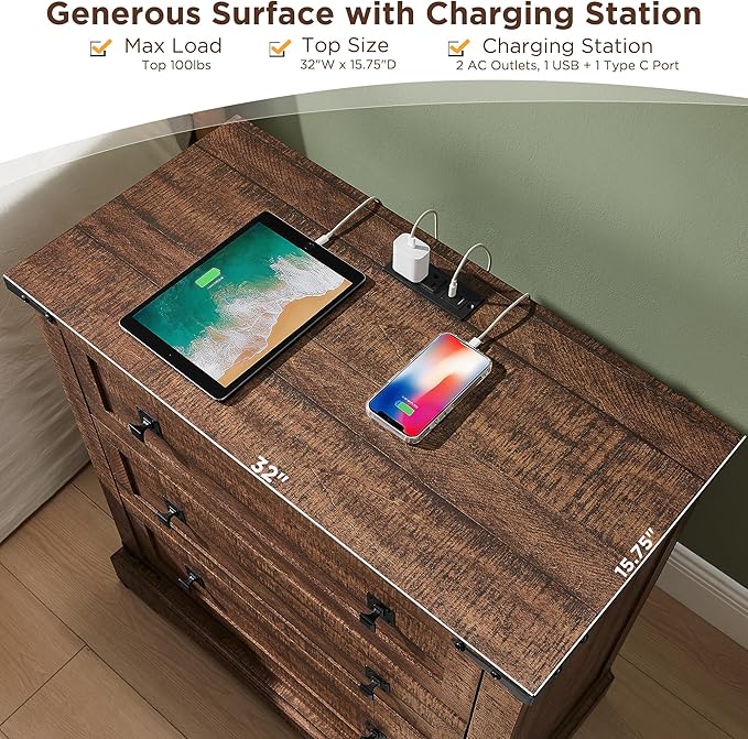 T4TREAM 32" Farmhouse Nightstand with Charging Station Set of 2, Large End Table with 3 Storage Drawers, Rustic Wood Bedside Table for Bedroom, Living Room, Reclaimed Barnwood Color