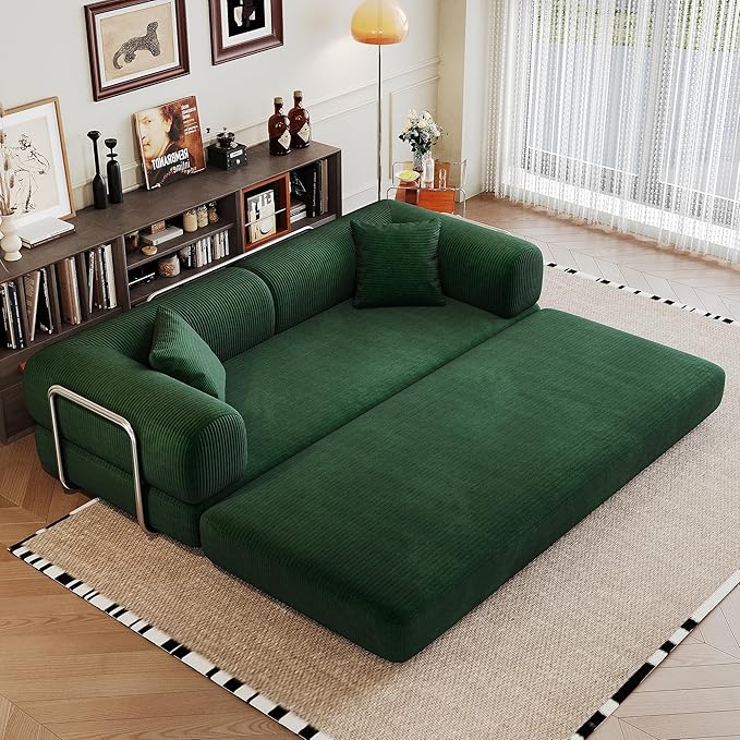79" Convertible Sofa Bed, Corduroy Folding Pull Out Couch with Pillows, No Assembly Modern Boneless Couch Compression Sofa in Box, Floor Sofa with Support Rods for Living Room,Dark Green