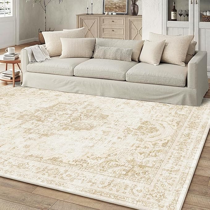 5x7 Vintage Washable Area Rugs Boho Medallion Large Distressed Retro Accent Carpet Floral Non-Slip Soft Low Pile Indoor Throw Rug for Living Room Bedroom Dining Room Office Kitchen, Beige
