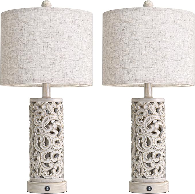 OYEARS Bedside Table Lamps Set of 2 with USB & Night Light, 22'' Farmhouse Bedroom Lamps for Nightstand, Vintage Table Lamps for Bedroom Living Room Home Offce (Bulb Included)