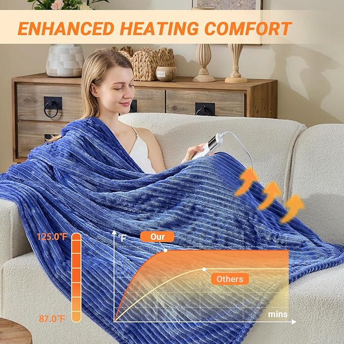 Heated Blanket Electric Queen, Soft Flannel Heating Blanket with 8 Hours Auto Off 10 Fast Heating Levels Machine Washable Sherpa Heated Blanket with Overheating Protection
